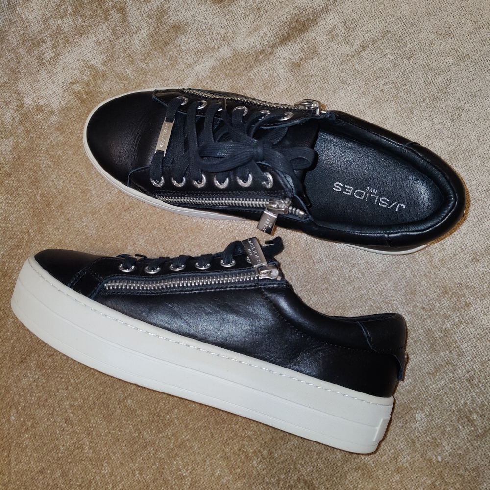 j/slides Harling Black Leather Hilton platform women's sneakers, Size 8 - Picture 2 of 16